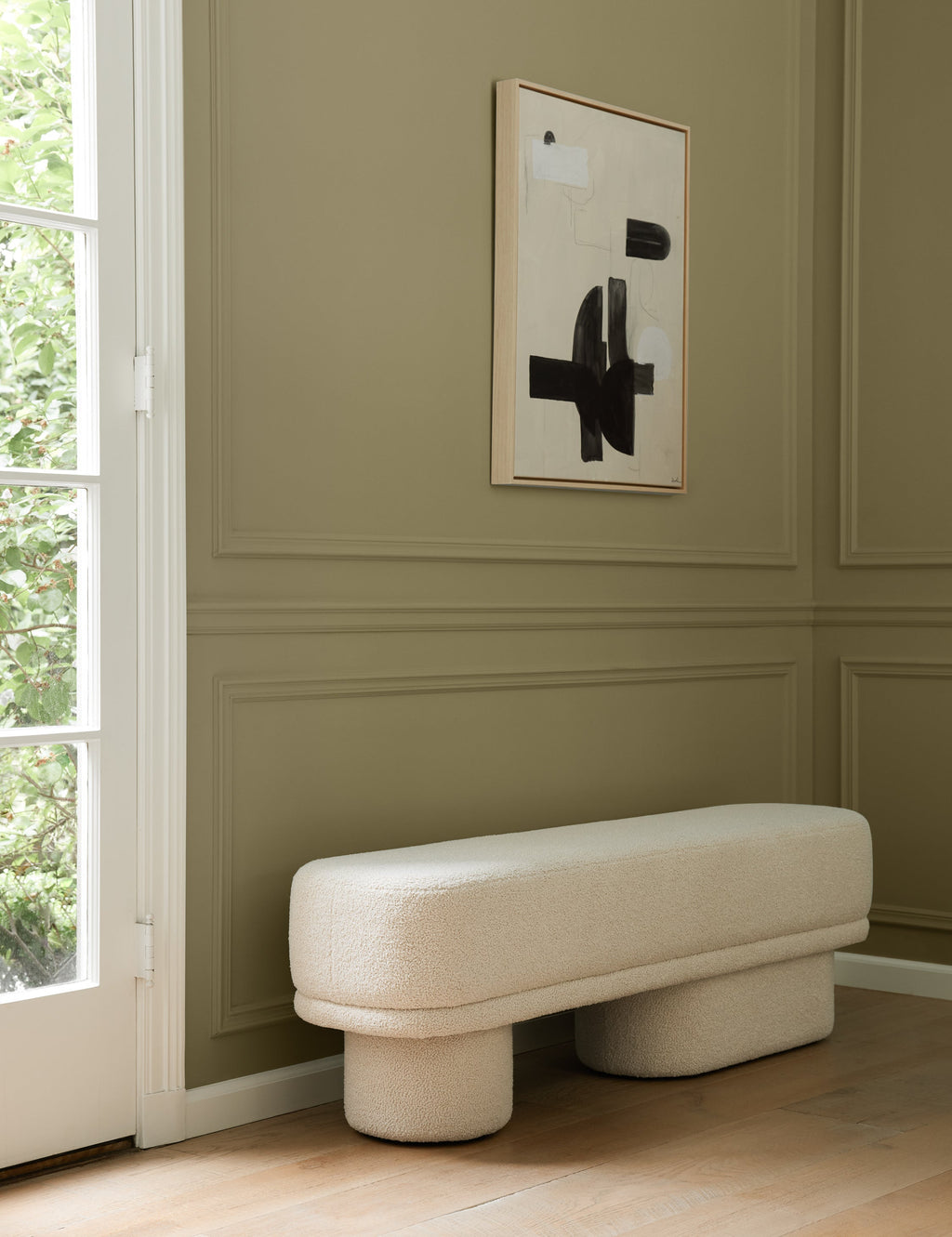 #showall::42992257499235 | Brooks boucle upholstered bench in an entryway